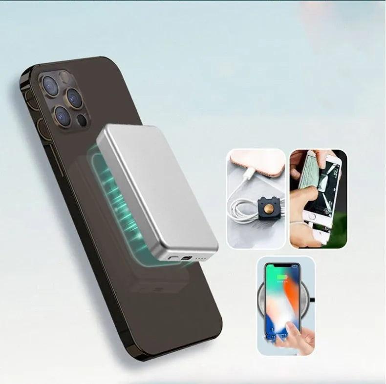 Silver aluminium wireless magnetic charging power bank with 5000mAh capacity