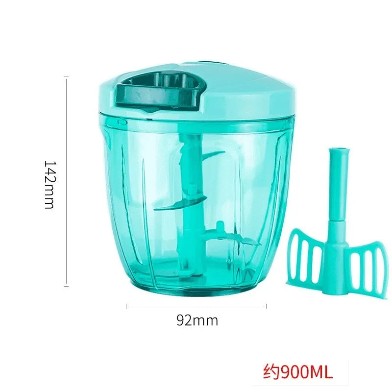 Green manual kitchen chopper with stainless steel blades and a 500ml plastic container.