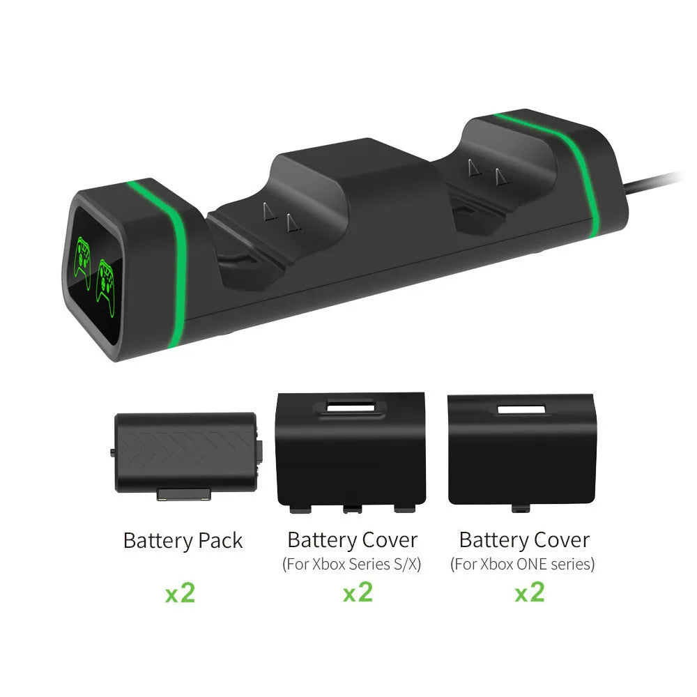 Black ABS dual charging base for Xbox controllers with two battery packs and four back covers