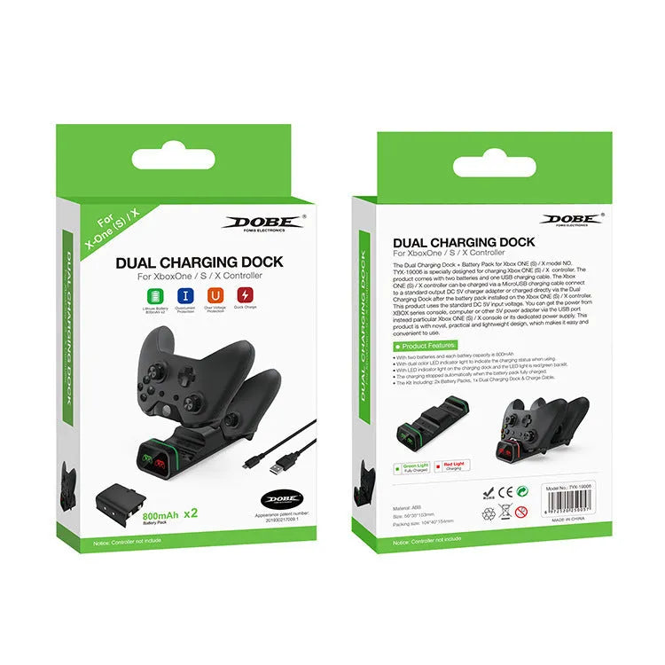 Black ABS dual charging base for Xbox controllers with two battery packs and four back covers