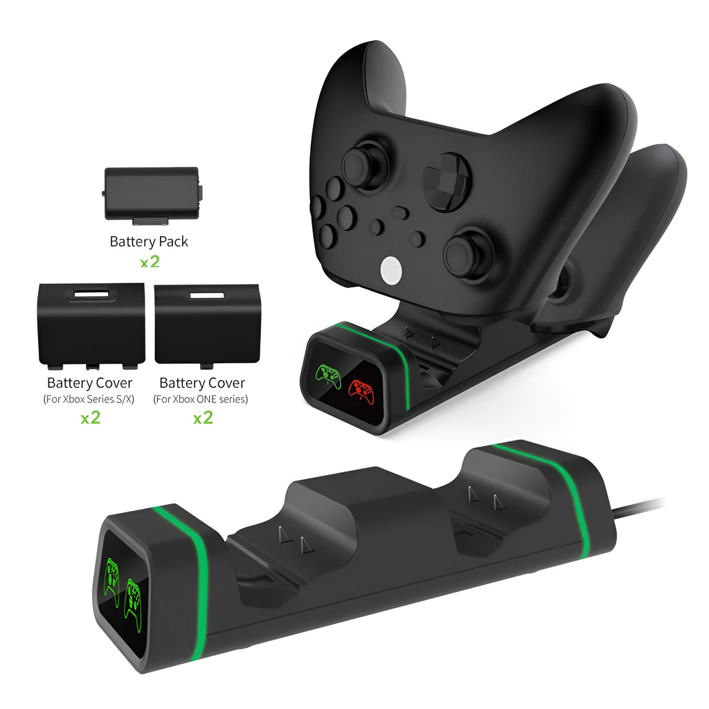 Black ABS dual charging base for Xbox controllers with two battery packs and four back covers
