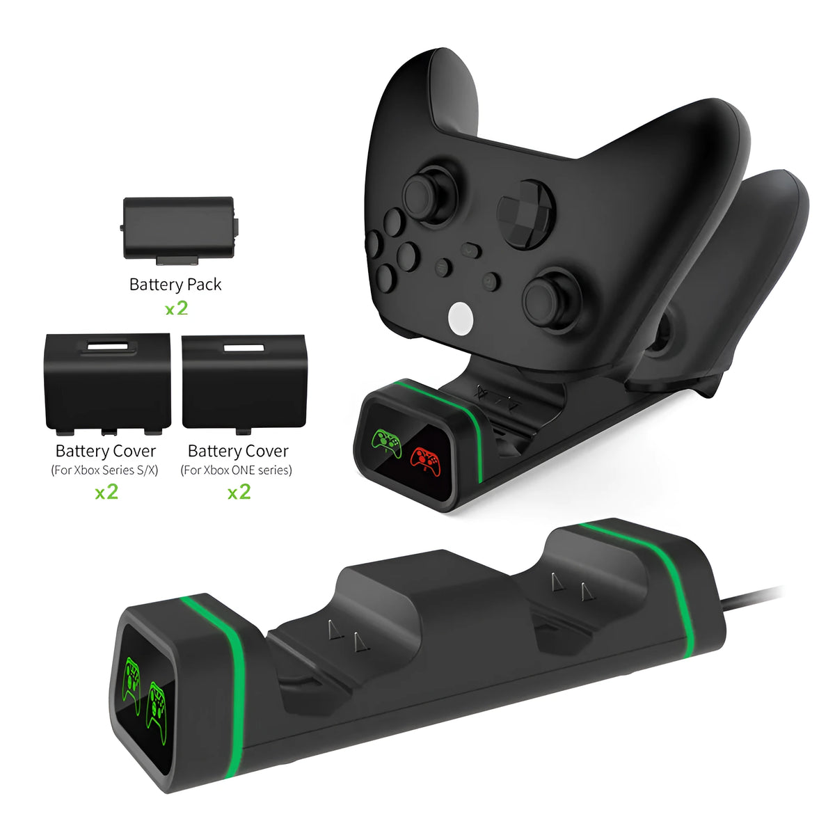 Black ABS dual charging base for Xbox controllers with two battery packs and four back covers
