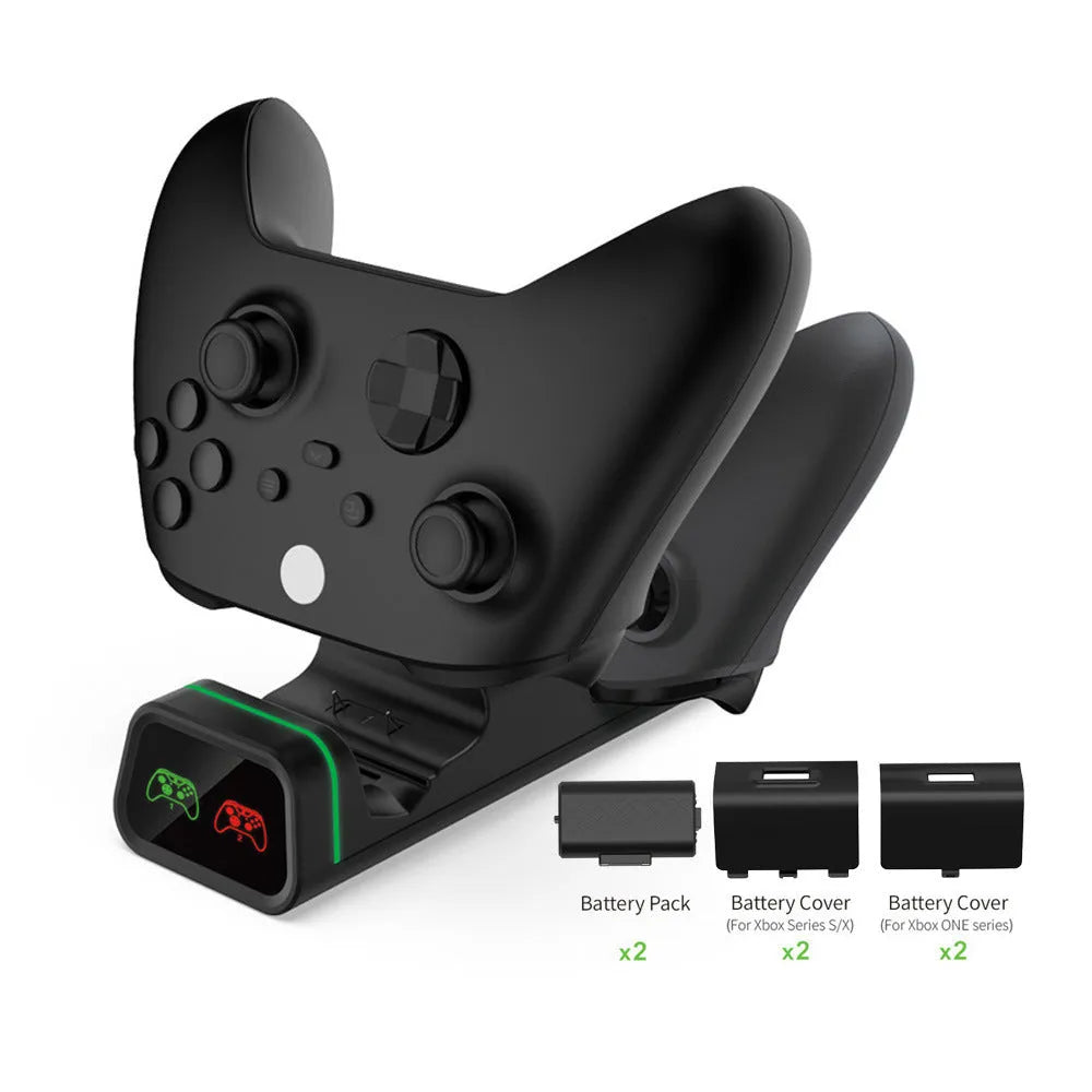 Black ABS dual charging base for Xbox controllers with two battery packs and four back covers