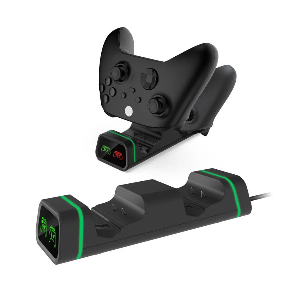 Black ABS dual charging base for Xbox controllers with two battery packs and four back covers