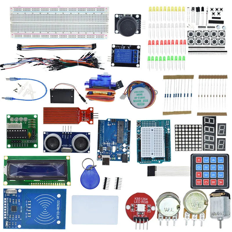 Arduino Uno R3 learning kit with white RFID module, IoT sensors, and plastic storage box
