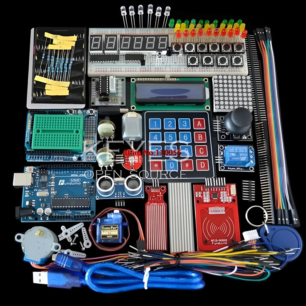 Arduino Uno R3 learning kit with white RFID module, IoT sensors, and plastic storage box