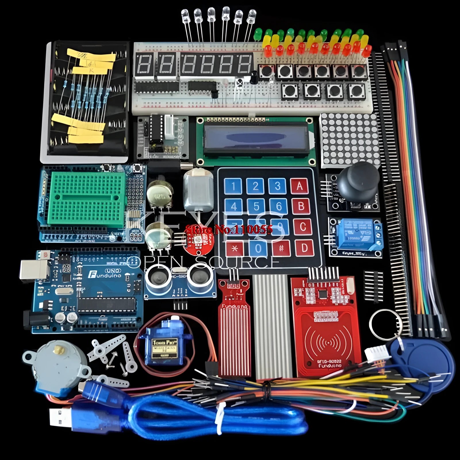 Arduino Uno R3 learning kit with white RFID module, IoT sensors, and plastic storage box