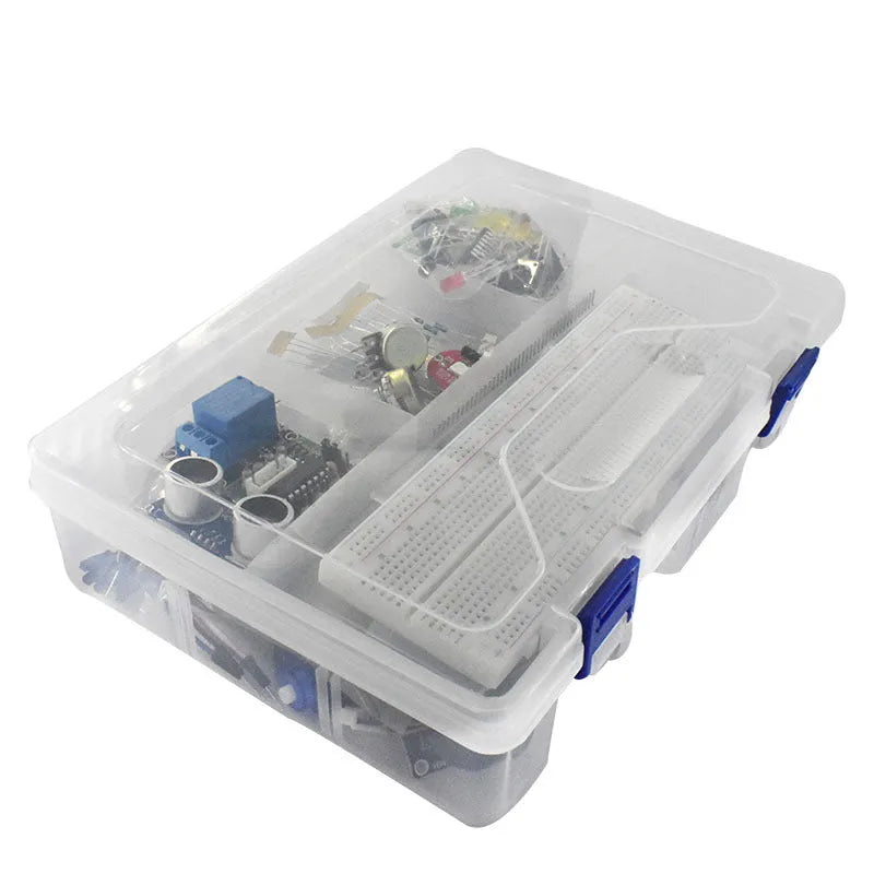 Arduino Uno R3 learning kit with white RFID module, IoT sensors, and plastic storage box