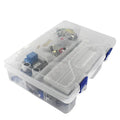 Arduino Uno R3 learning kit with white RFID module, IoT sensors, and plastic storage box