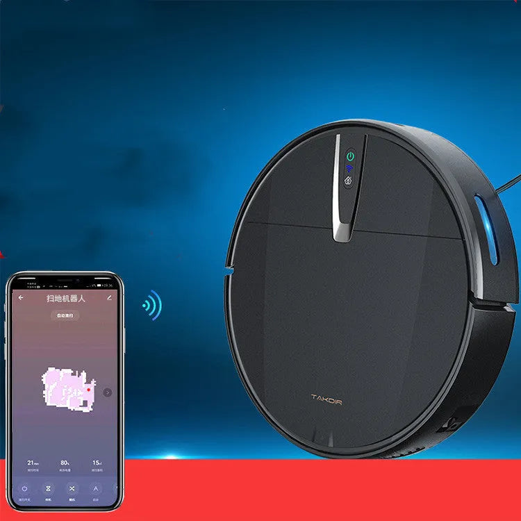 Ultra-thin black and white robotic vacuum cleaner with charging dock and remote control