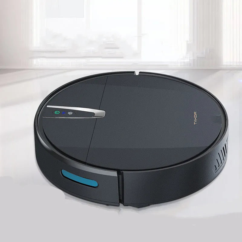 Ultra-thin black and white robotic vacuum cleaner with charging dock and remote control