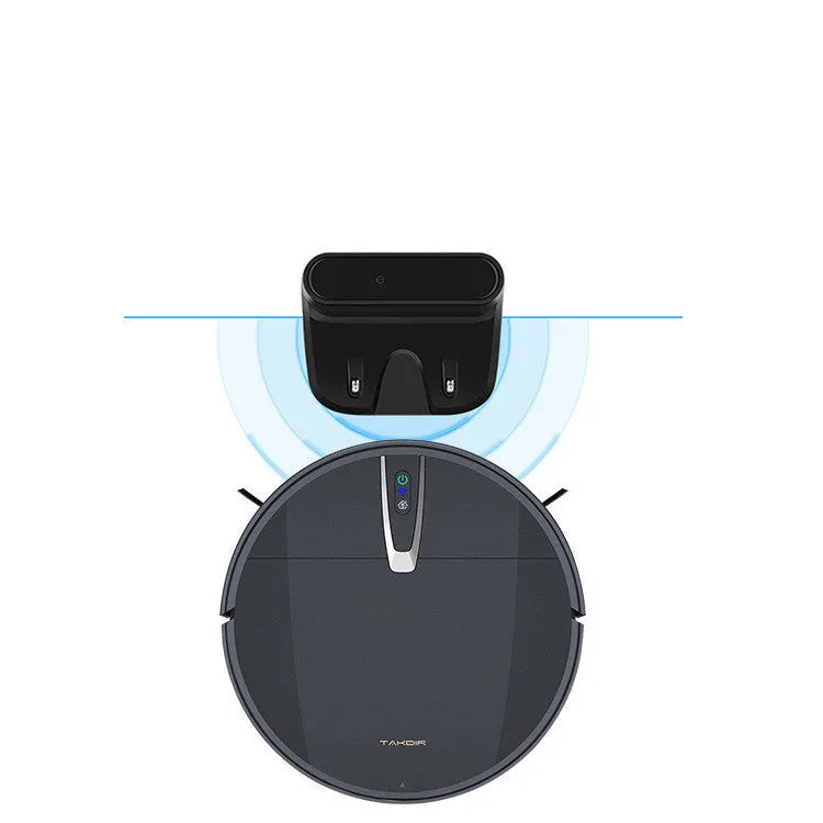 Ultra-thin black and white robotic vacuum cleaner with charging dock and remote control