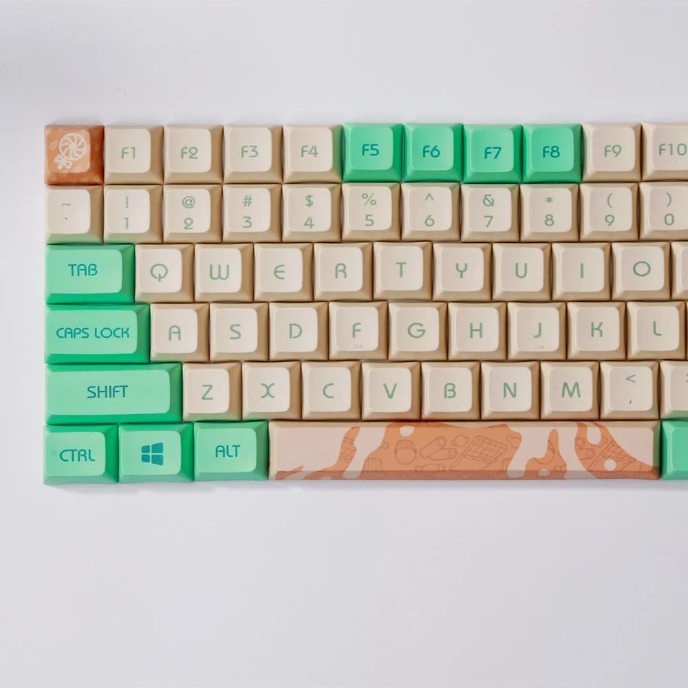 Mint Toffee coloured DSA profile PBT keycap set for mechanical keyboards, showing 104 keys.