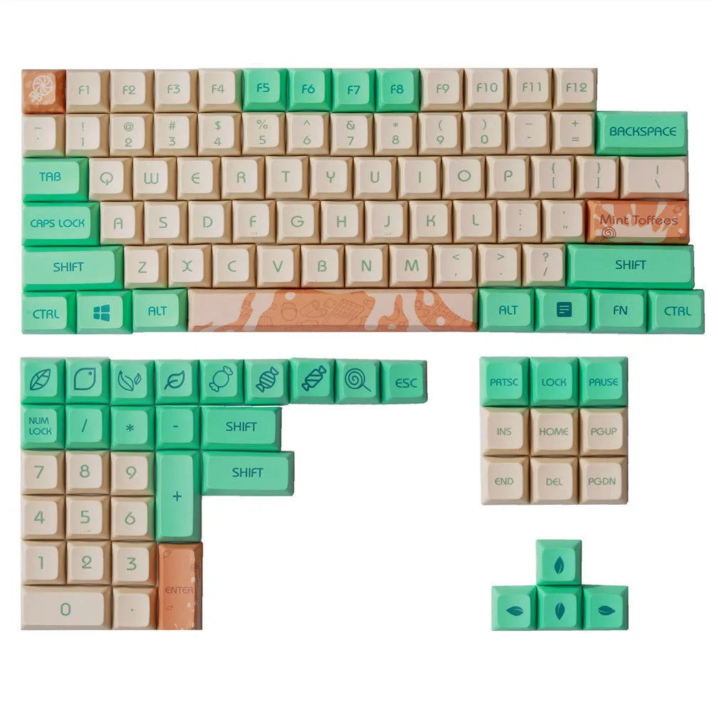 Mint Toffee coloured DSA profile PBT keycap set for mechanical keyboards, showing 104 keys.