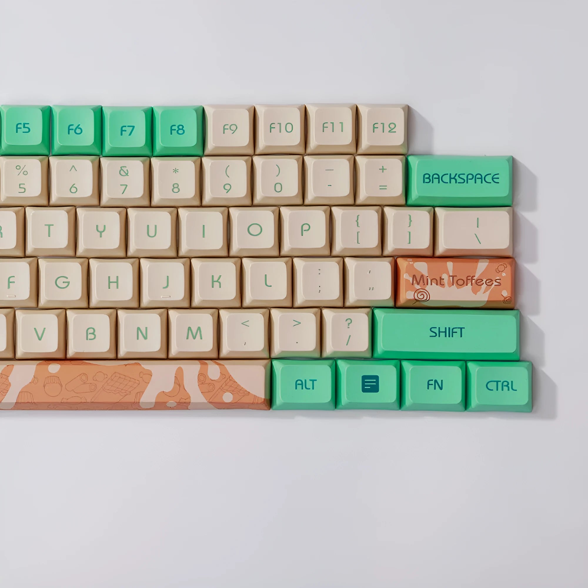 Mint Toffee coloured DSA profile PBT keycap set for mechanical keyboards, showing 104 keys.