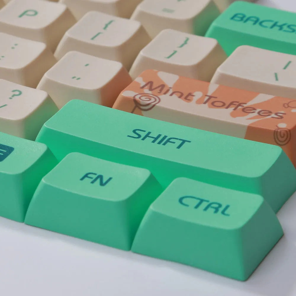 Mint Toffee coloured DSA profile PBT keycap set for mechanical keyboards, showing 104 keys.