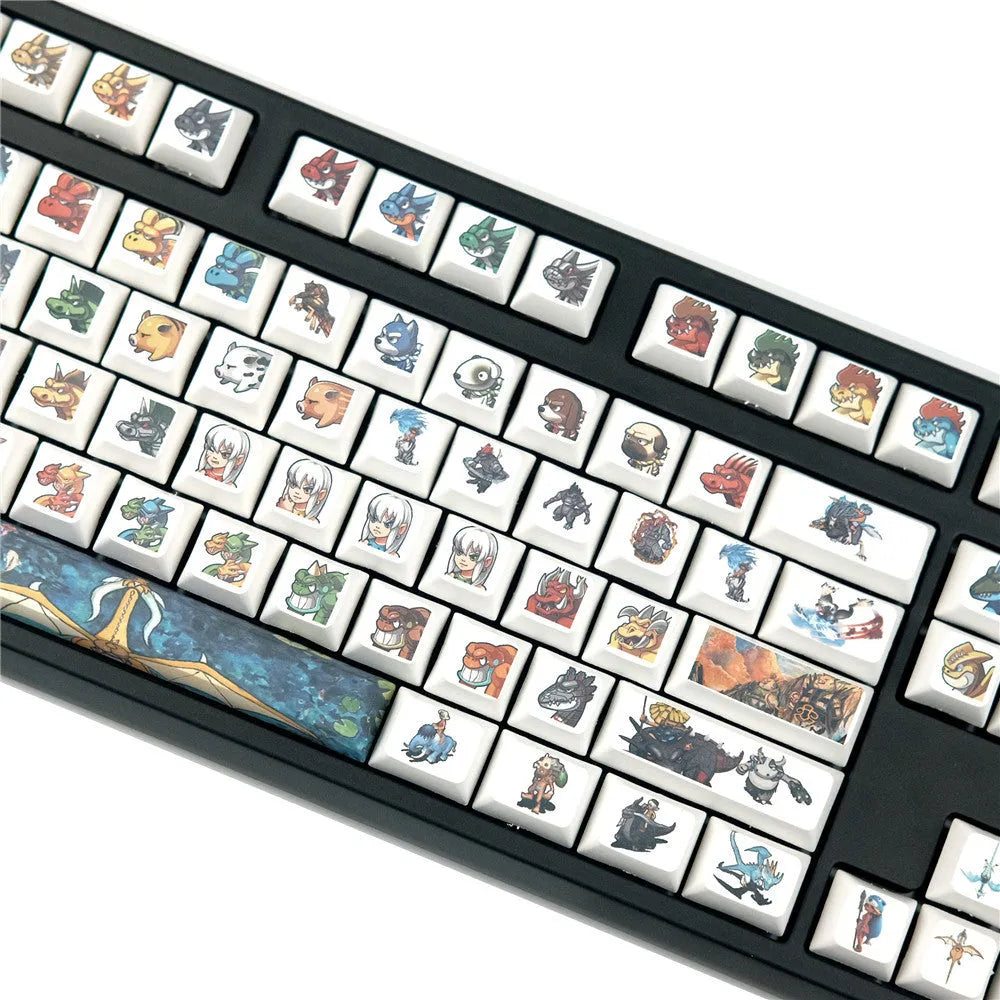 Single Xda profile mechanical keyboard keycap with a colourful Little Monster cartoon character and multimedia symbols.