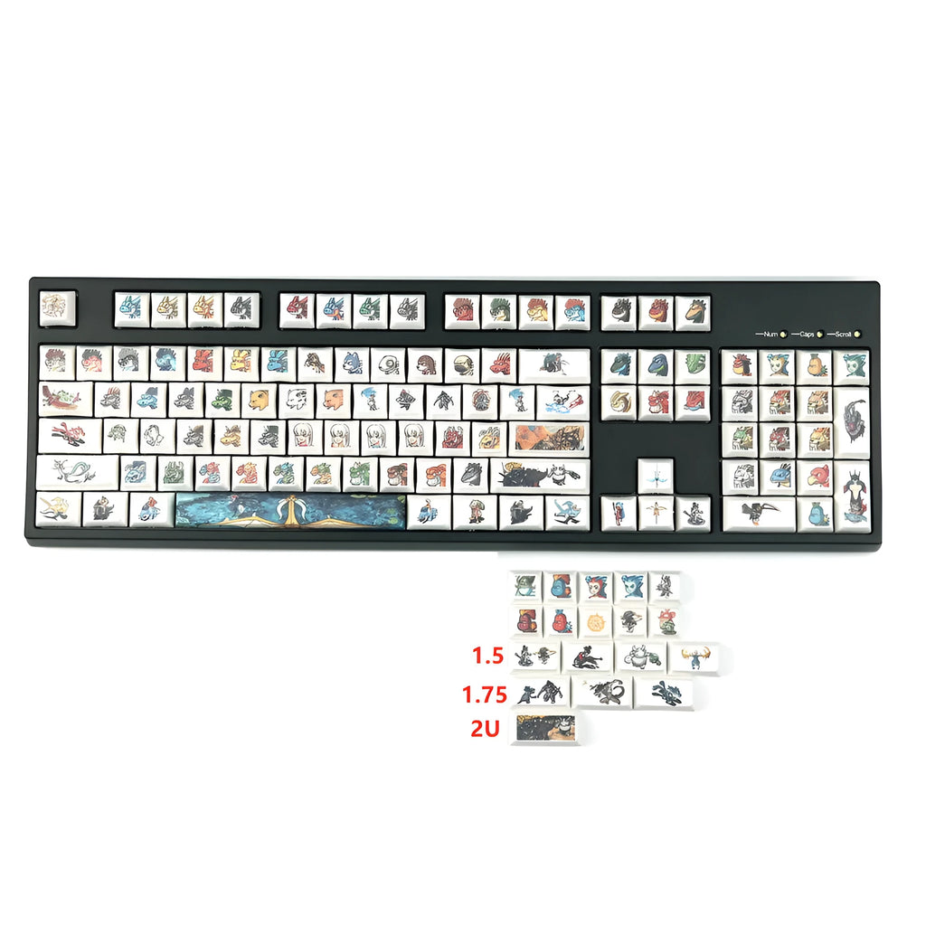 Single Xda profile mechanical keyboard keycap with a colourful Little Monster cartoon character and multimedia symbols.