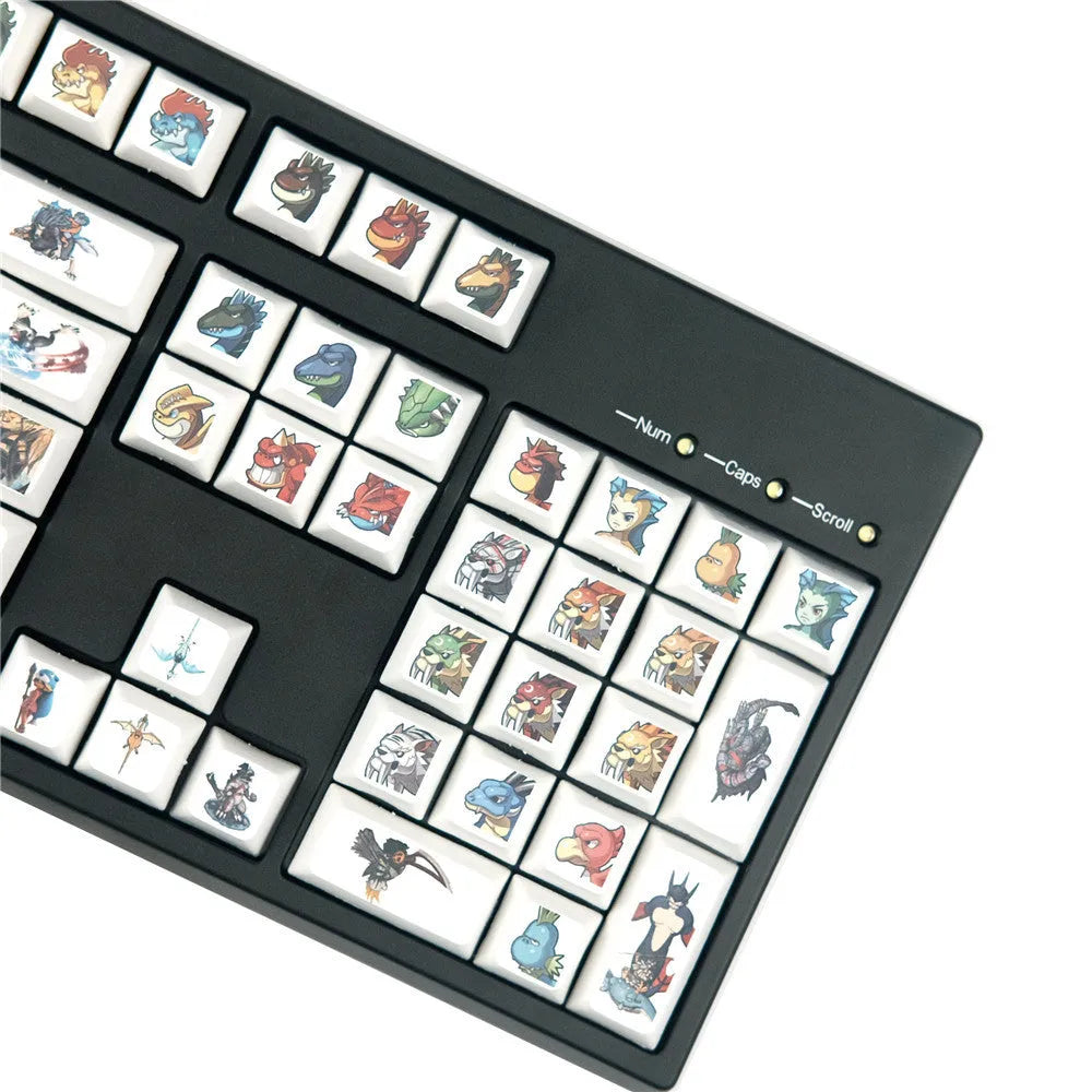 Single Xda profile mechanical keyboard keycap with a colourful Little Monster cartoon character and multimedia symbols.