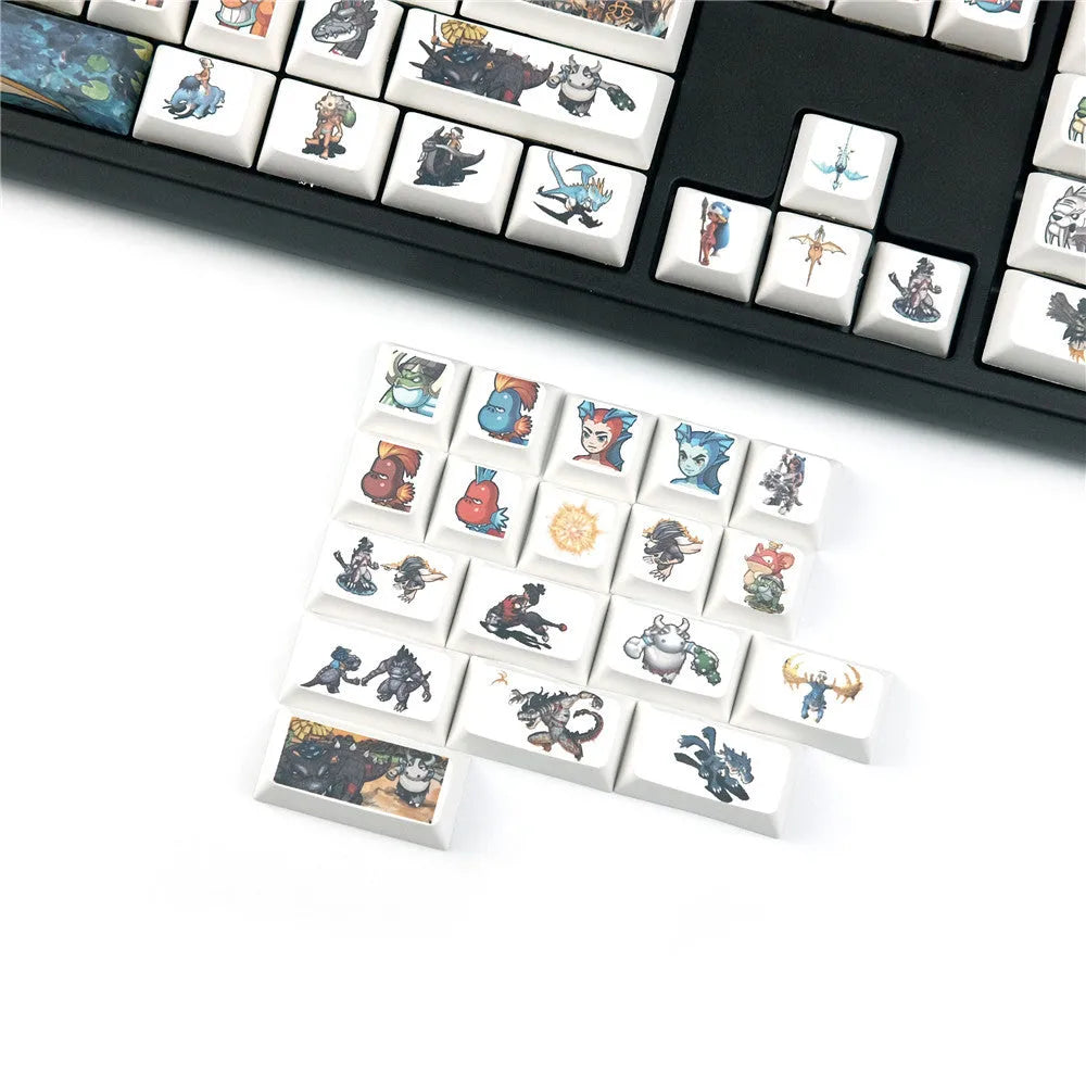 Single Xda profile mechanical keyboard keycap with a colourful Little Monster cartoon character and multimedia symbols.