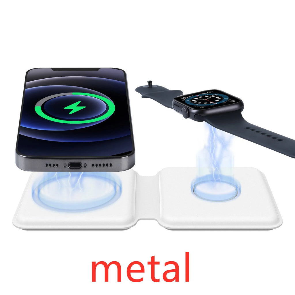 White folding magnetic wireless charger in stand mode, charging a smartphone at an angle