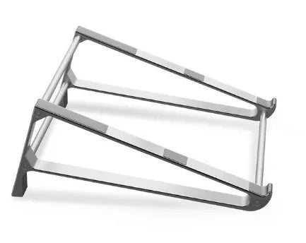 Aluminium alloy laptop stand with increased storage, 22.5 x 21 x 8.5 cm, in dark grey or silver.