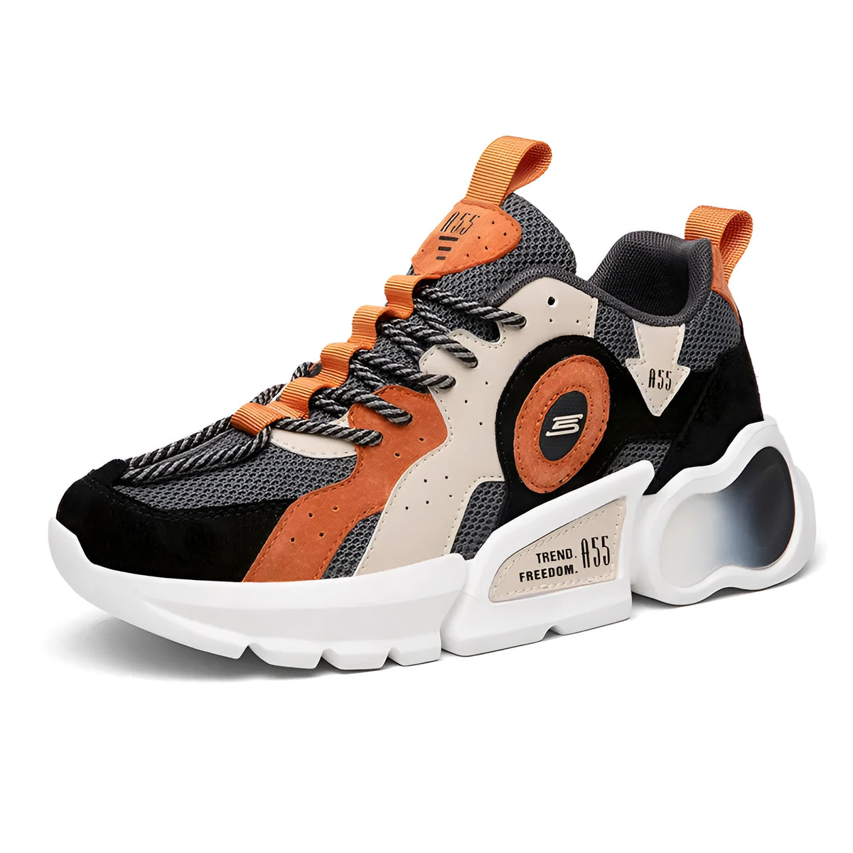 Men's Korean casual running shoes with black blue mesh upper and rubber sole, low top, round toe, car suture detail