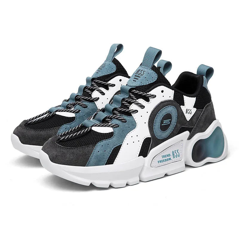 Men's Korean casual running shoes with black blue mesh upper and rubber sole, low top, round toe, car suture detail
