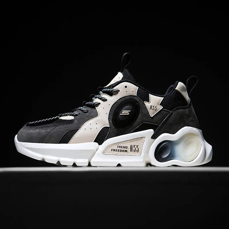 Men's Korean casual running shoes with black blue mesh upper and rubber sole, low top, round toe, car suture detail