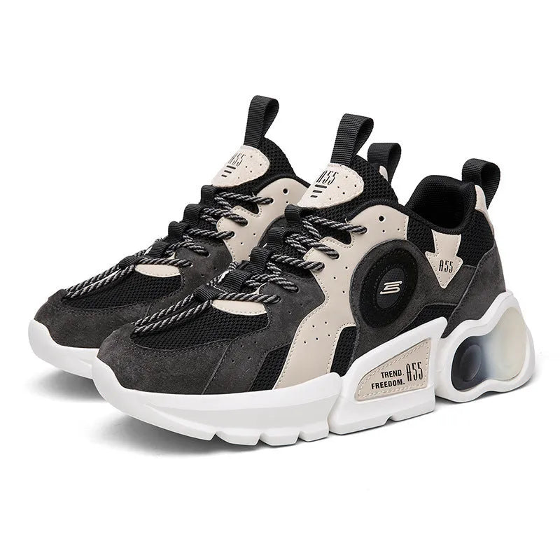 Men's Korean casual running shoes with black blue mesh upper and rubber sole, low top, round toe, car suture detail