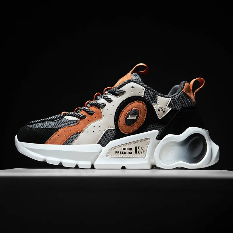 Men's Korean casual running shoes with black blue mesh upper and rubber sole, low top, round toe, car suture detail