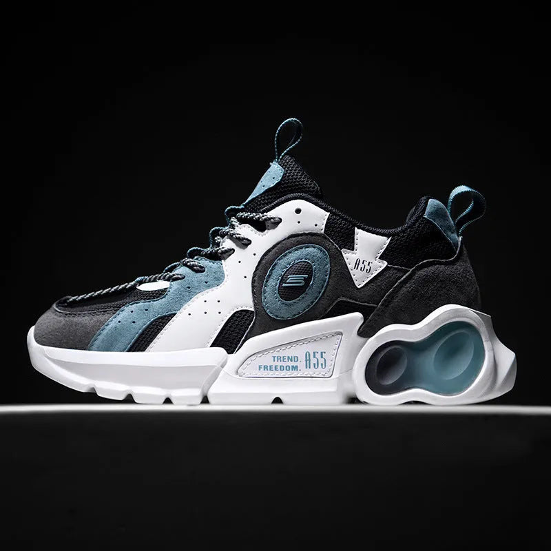 Men's Korean casual running shoes with black blue mesh upper and rubber sole, low top, round toe, car suture detail