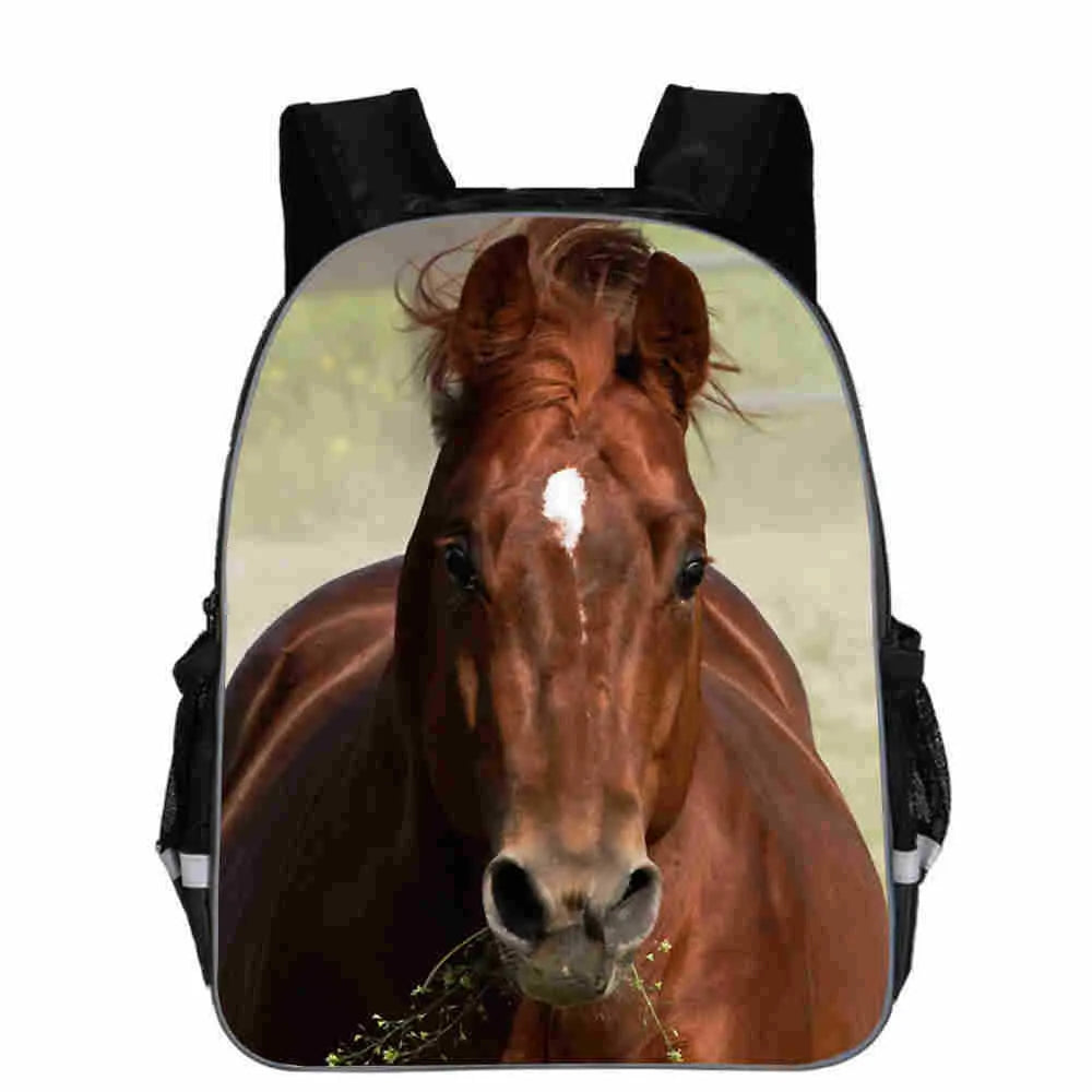 Horse animal head cartoon lightning design school backpack in polyester with zipper opening