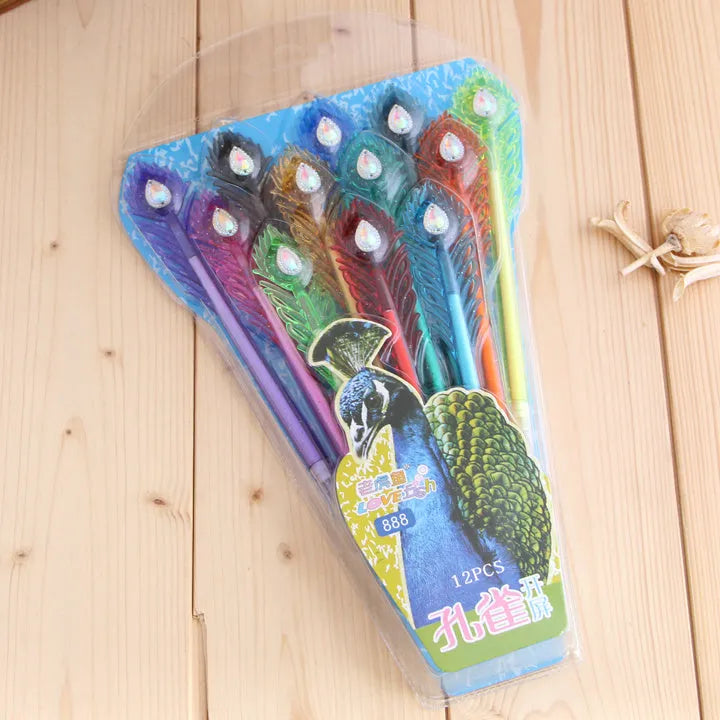 Set of twelve coloured gel pens with feather peacock design and replaceable refills.