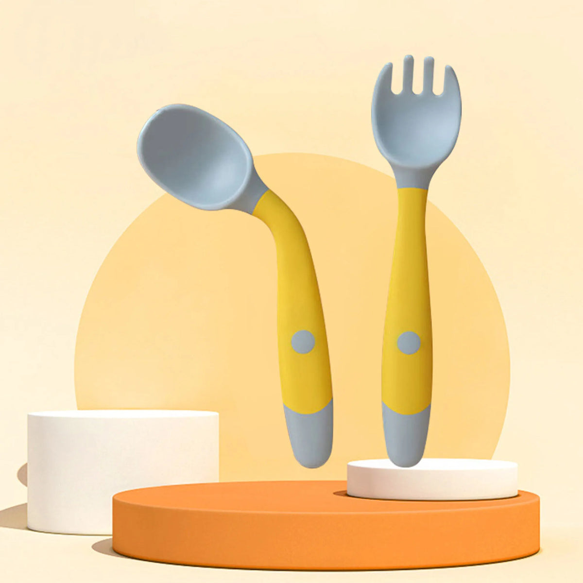 Bendable baby spoon and fork set in three colours, food-grade PP and TPE, 14cm length for toddler self-feeding