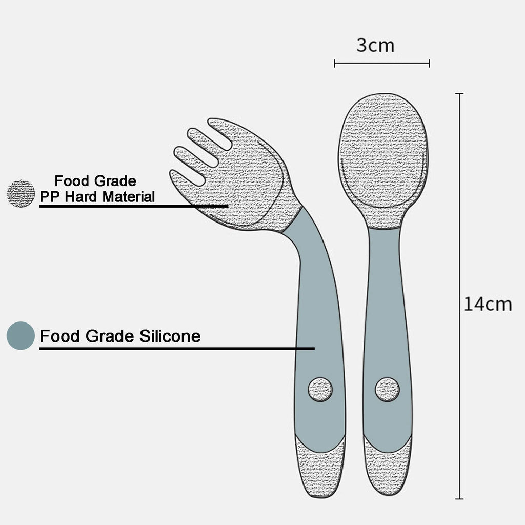 Bendable baby spoon and fork set in three colours, food-grade PP and TPE, 14cm length for toddler self-feeding