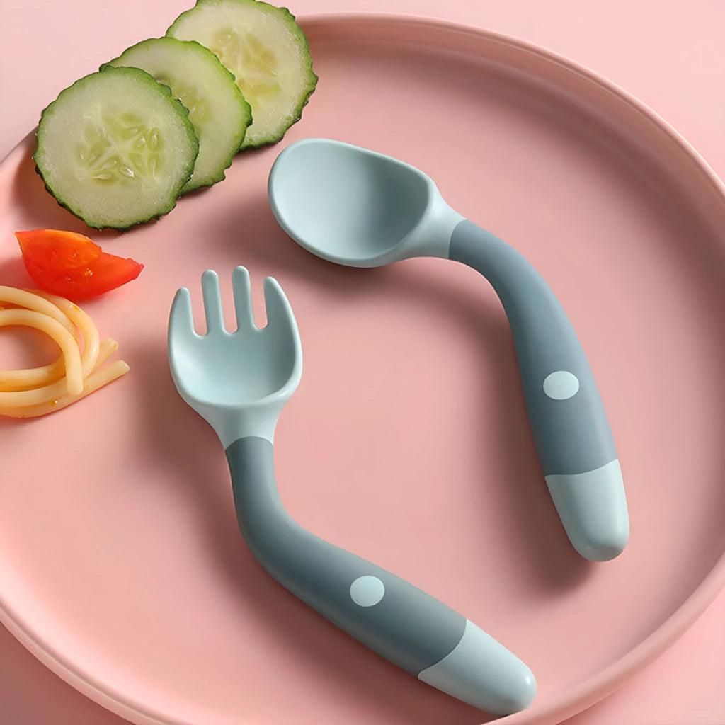 Bendable baby spoon and fork set in three colours, food-grade PP and TPE, 14cm length for toddler self-feeding