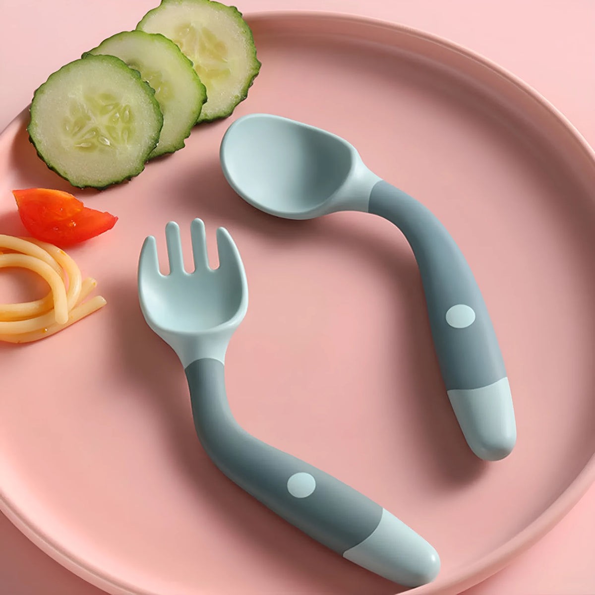 Bendable baby spoon and fork set in three colours, food-grade PP and TPE, 14cm length for toddler self-feeding