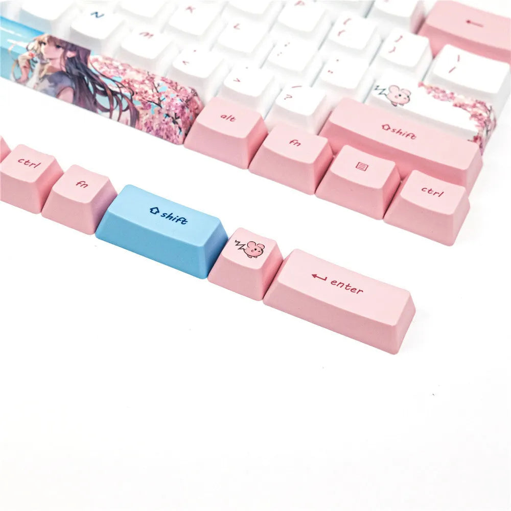 Pink anime cherry blossom PBT keycaps for GK61 mechanical keyboard
