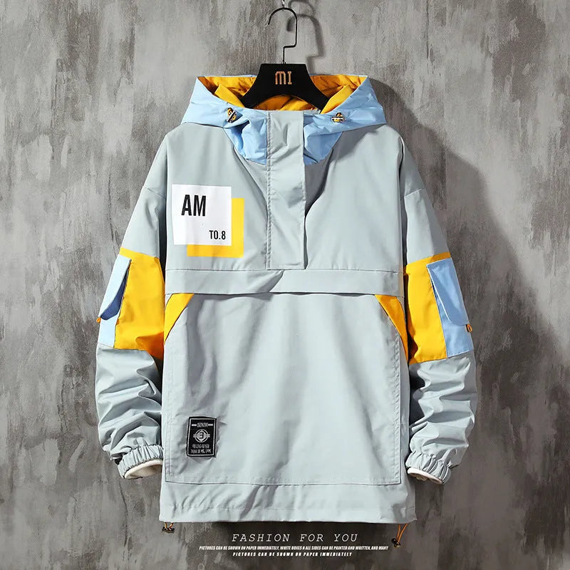 Men's grey plus size colour block hooded jacket with letter print, zip front, and side slit pockets worn casually