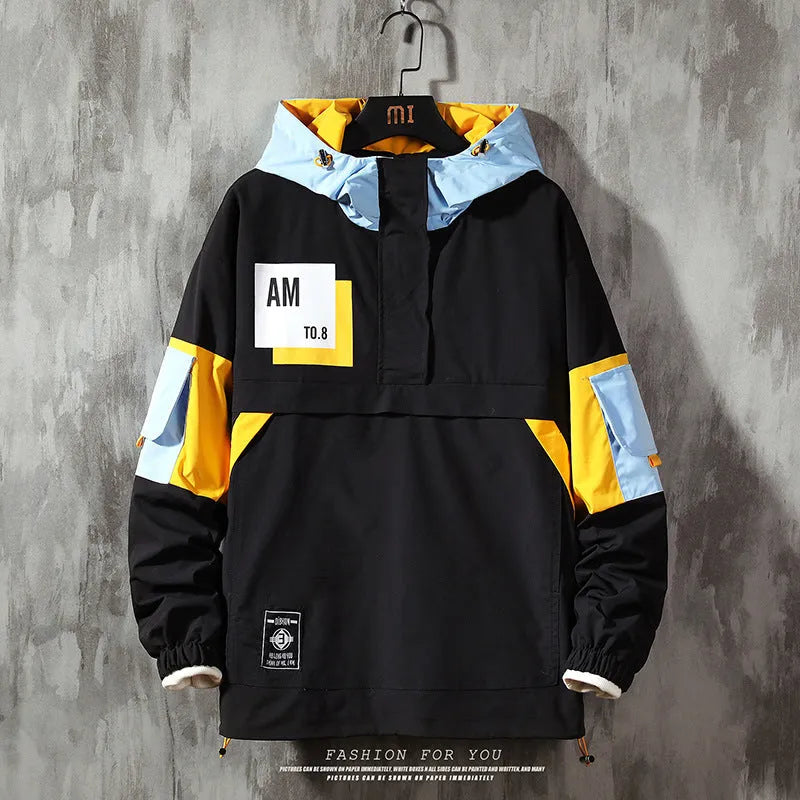 Men's grey plus size colour block hooded jacket with letter print, zip front, and side slit pockets worn casually