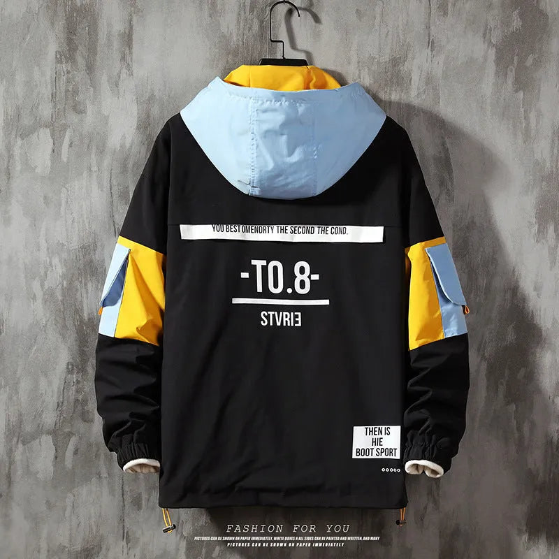 Men's grey plus size colour block hooded jacket with letter print, zip front, and side slit pockets worn casually