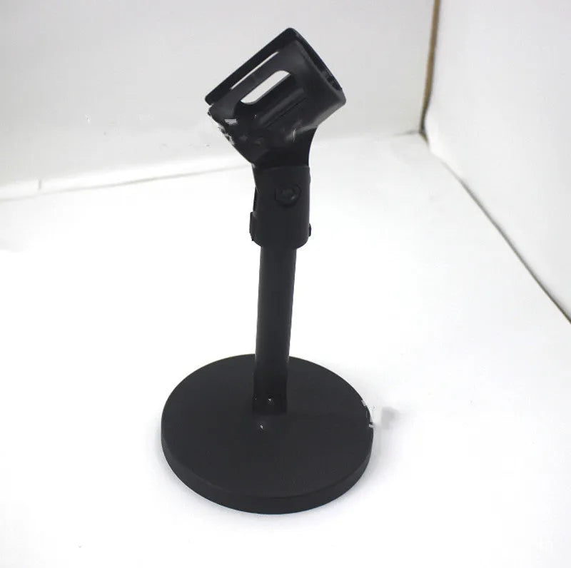 Black desktop microphone bracket with metal construction and plastic clip