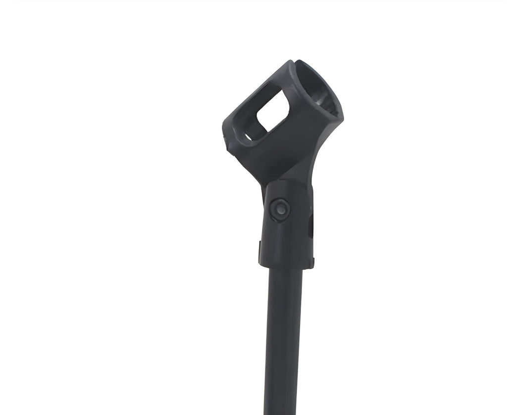 Black desktop microphone bracket with metal construction and plastic clip