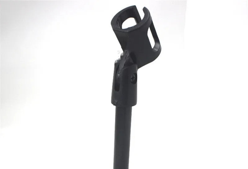 Black desktop microphone bracket with metal construction and plastic clip