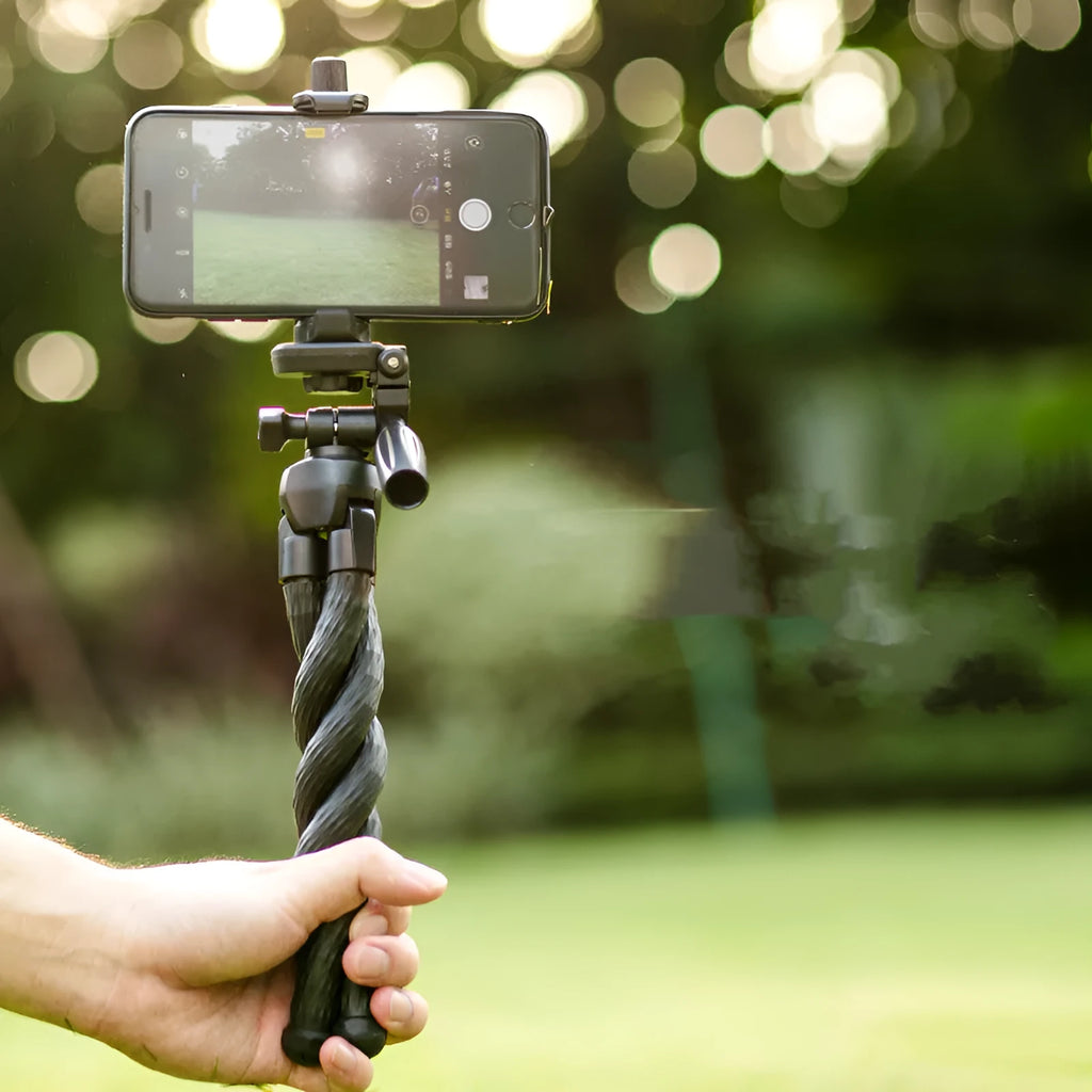 Octopus tripod stand with flexible rubber legs and large phone holder for iPhone live streaming and selfies