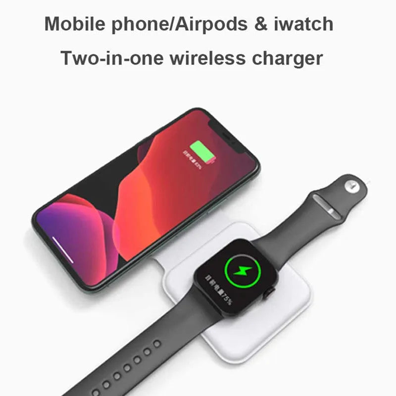 White folding magnetic wireless charger in stand mode, charging a smartphone at an angle