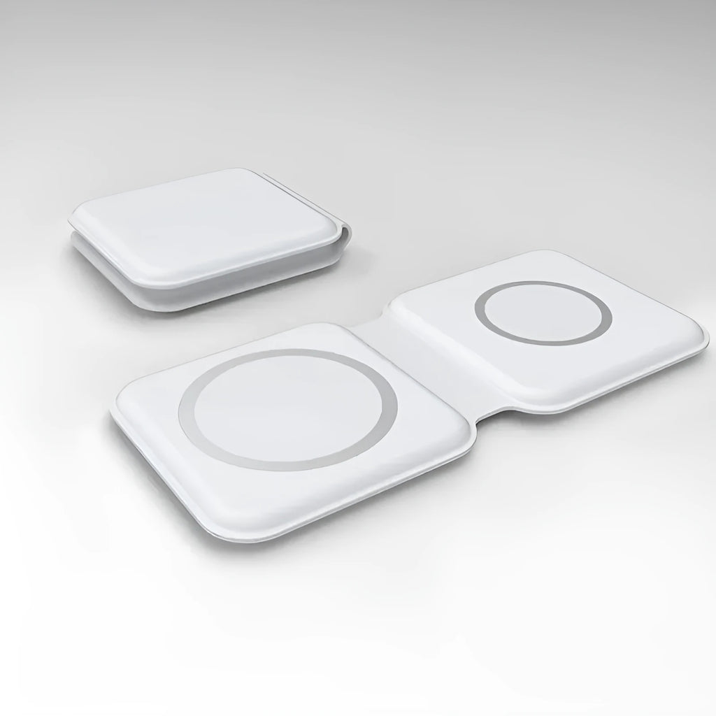 White folding magnetic wireless charger in stand mode, charging a smartphone at an angle