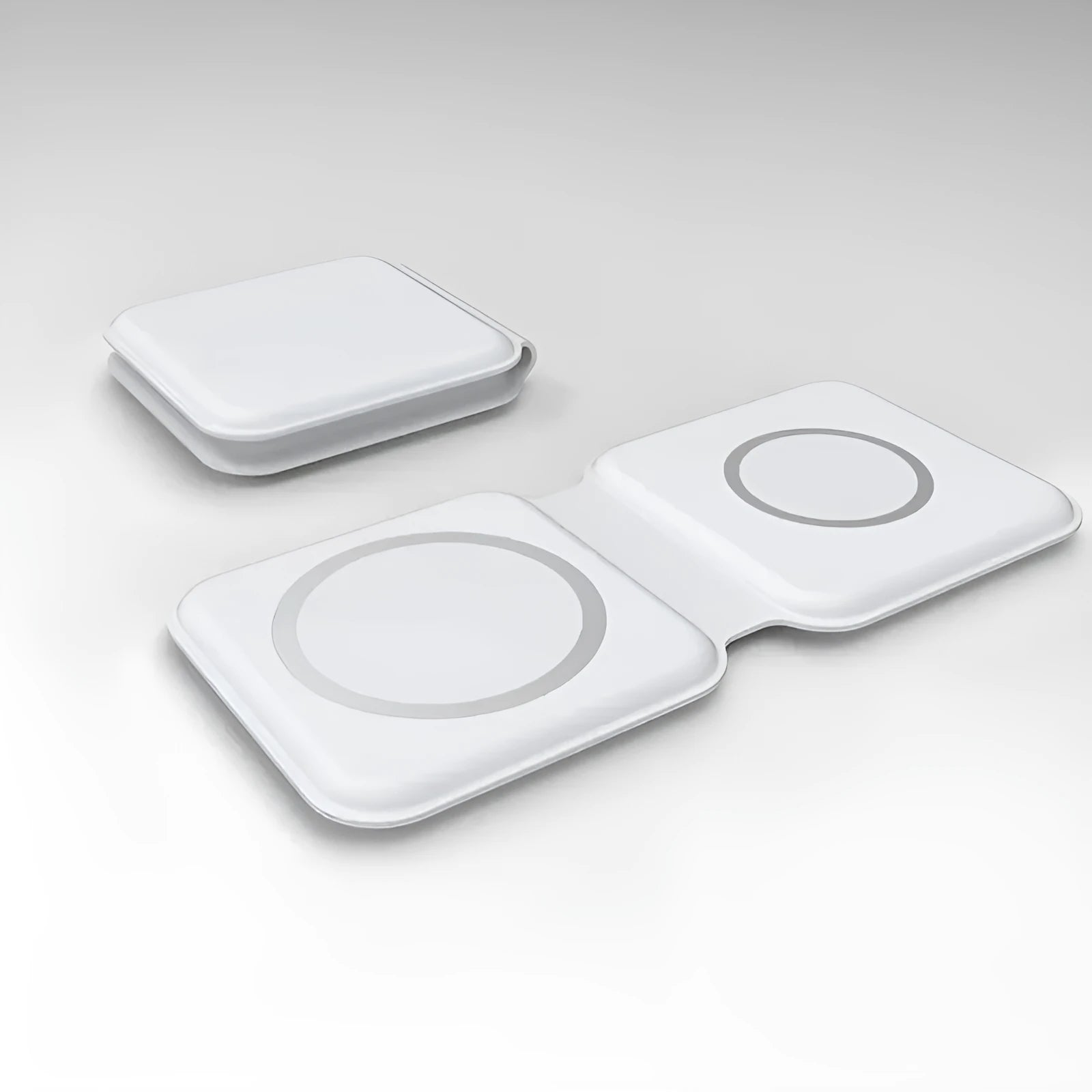 White folding magnetic wireless charger in stand mode, charging a smartphone at an angle