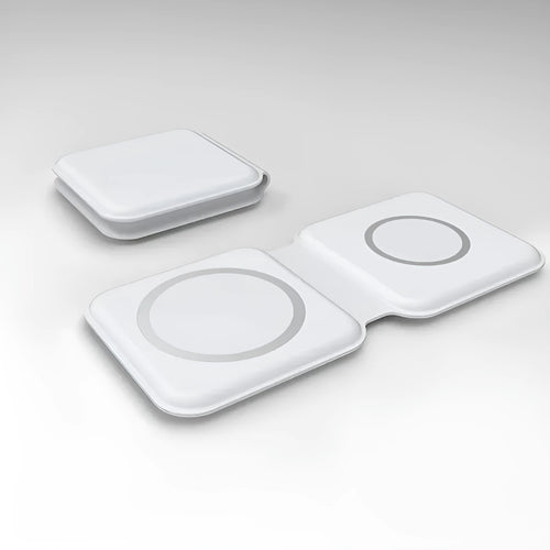 White foldable 2-in-1 magnetic wireless charger for phone and watch, showing 180° hinge.